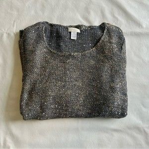 Chicos woman size 1 metallic crew neck sweater dressy w/ sequins longer in back
